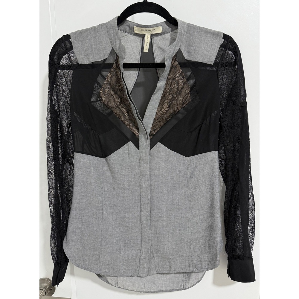 BCBGMAXAZRIA Runway Iniko Lace Sheer Panel Blouse‎ XS Dark Steel Gray
Y2K